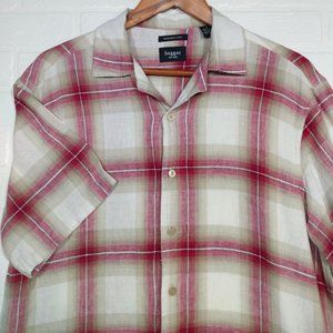 Linen Haggar men's red beige plaid tropical short sleeve button shirt M